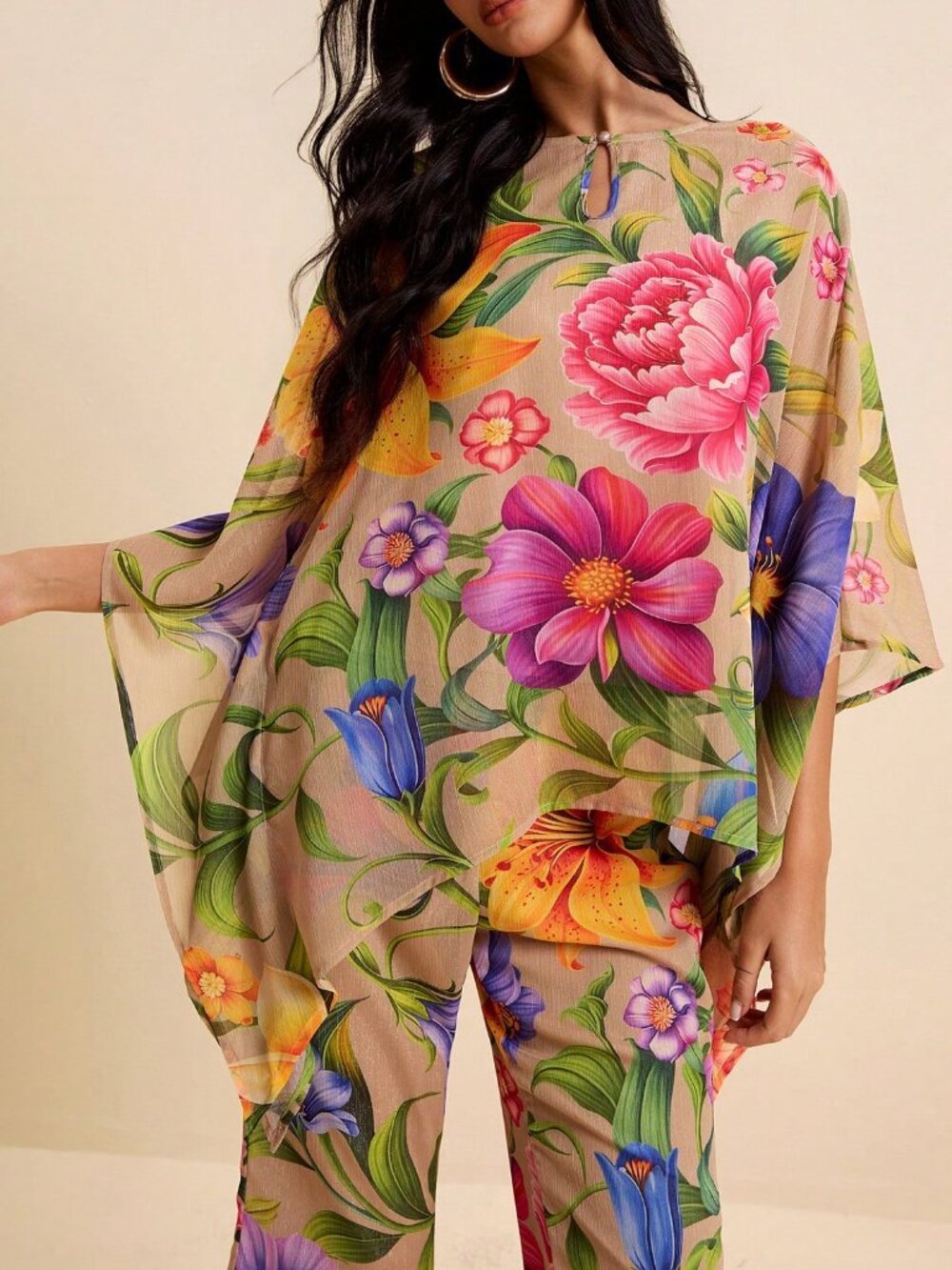 Khaki Boho Women's Tropical Floral Printed Blouse and Pants 2-Piece Set - Picture 6 of 9